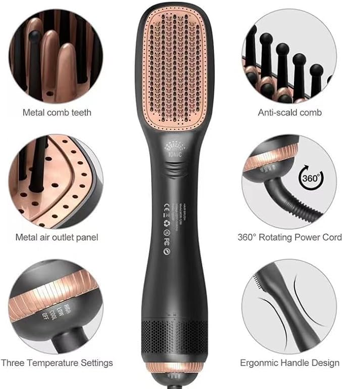 3-in-1 Hair Dryer Brush & Straightener – 1200W Hot Air Brush with Ceramic Tourmaline Ionic Technology, 3 Heat & 2 Speed Settings, One-Step Hair Dryer & Styler for All Hair Types