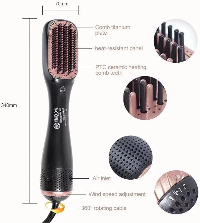 3-in-1 Hair Dryer Brush & Straightener – 1200W Hot Air Brush with Ceramic Tourmaline Ionic Technology, 3 Heat & 2 Speed Settings, One-Step Hair Dryer & Styler for All Hair Types